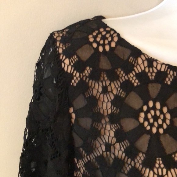 Eliza J Sheath Black Dress Embroidered Lace 3/4 Sleeves Size 8 Classy High Neck - Picture 6 of 16